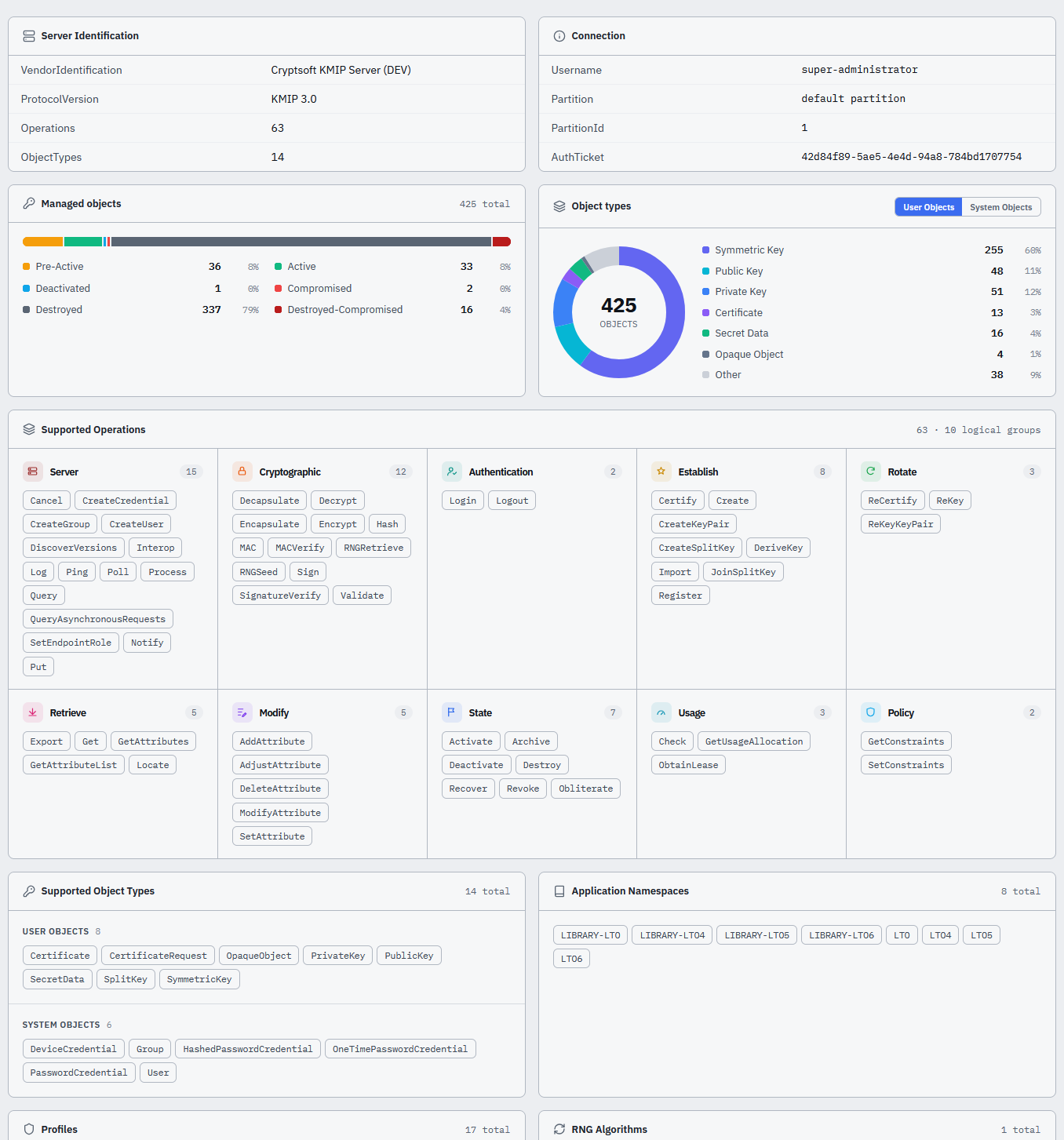 Keyward Classic — top-nav layout, KMIP server detail